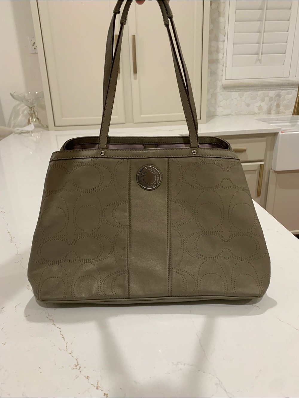 Coach Olive-Taupe Signature Shoulder Leather Tote Bag